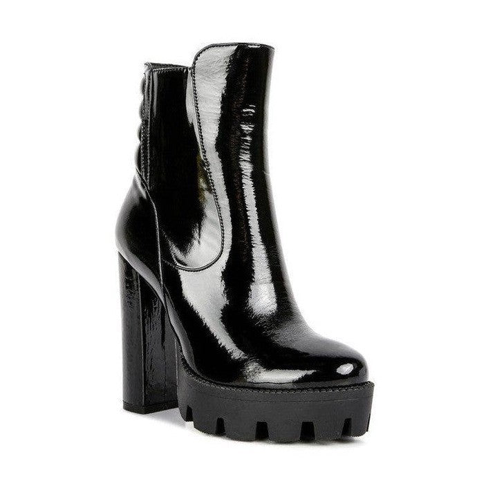 High Key Collared Patent High Heeled Ankle Boot - VacationGrabs