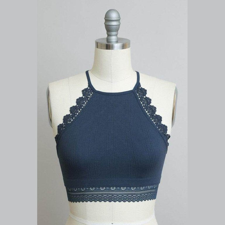 High Neck Crochet Lace Trim Bralette - VacationGrabs