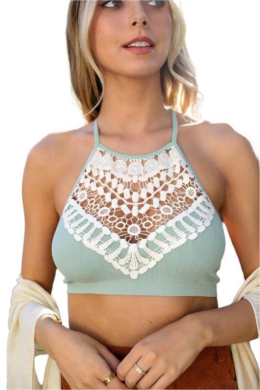 Leto Accessories high neck lace top in mint green with intricate crochet detailing for a stylish summer look