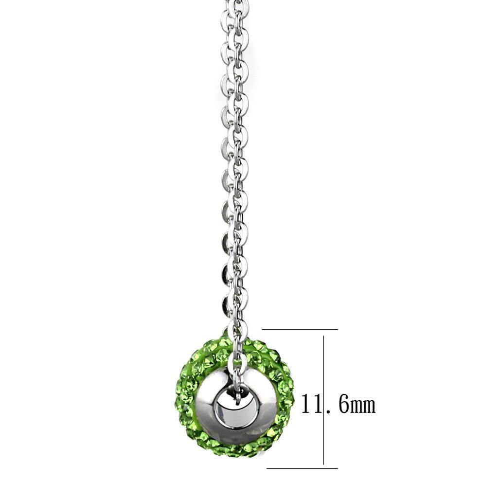 High polished crystal charm necklace in green with a shiny silver chain and circular pendant