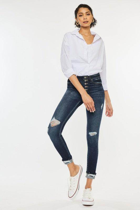 Kan Can USA high rise skinny jeans for women in dark wash with button-up front and distressed details