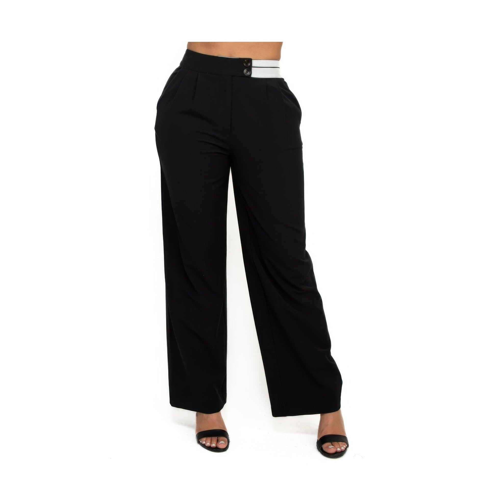 VacationGrabs women's black high-rise wide leg pants with button detail and side pockets