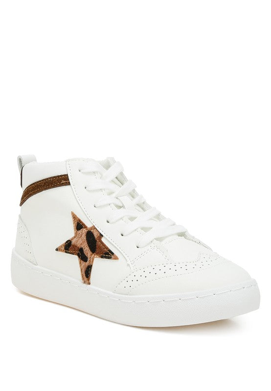 Women's high top star sneakers in white with leopard print star detail