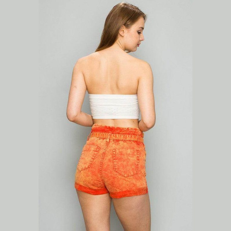 LITZ LA high waist belted shorts in vibrant orange with a stylish back view