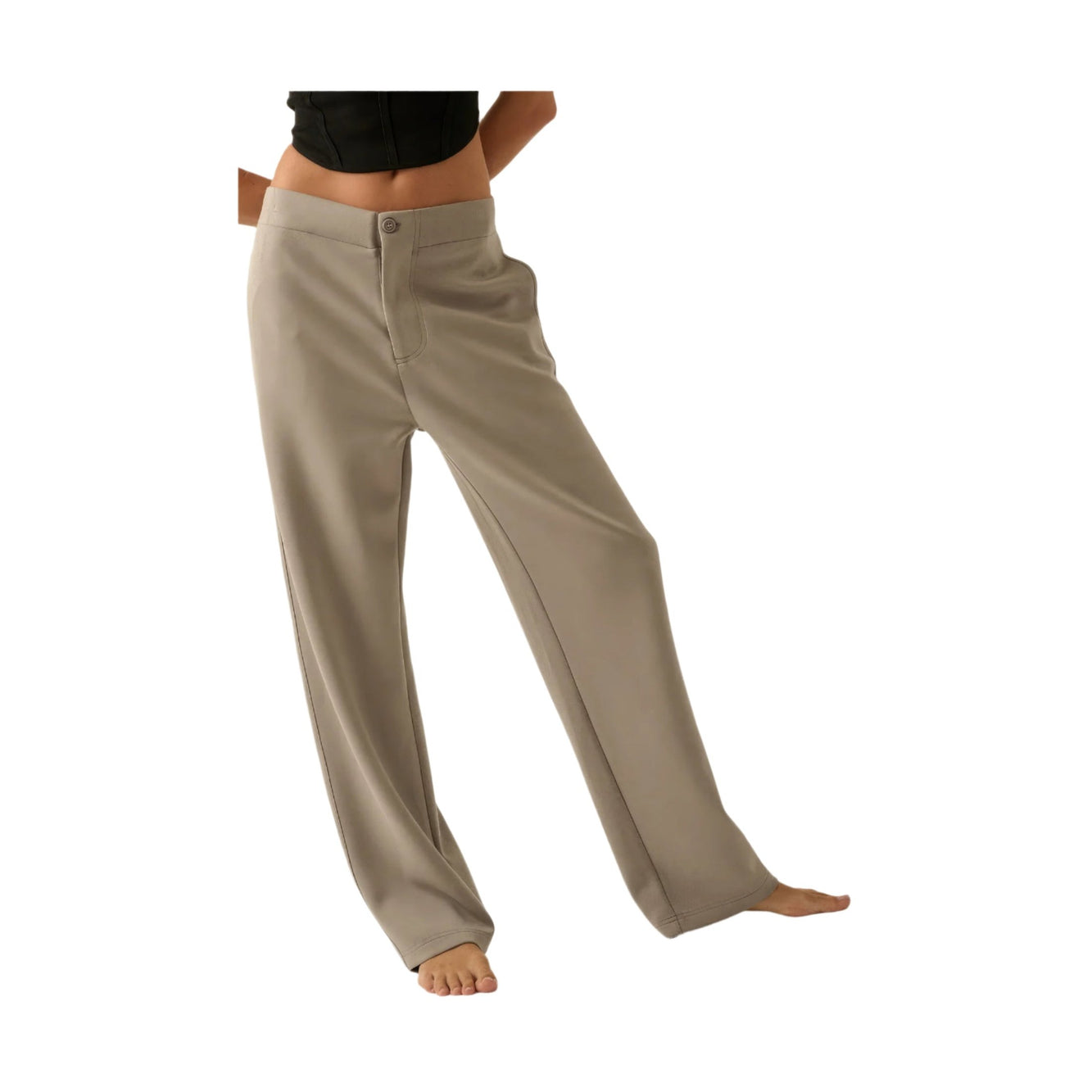 VacationGrabs beige high waist button pants for women with wide leg and relaxed fit