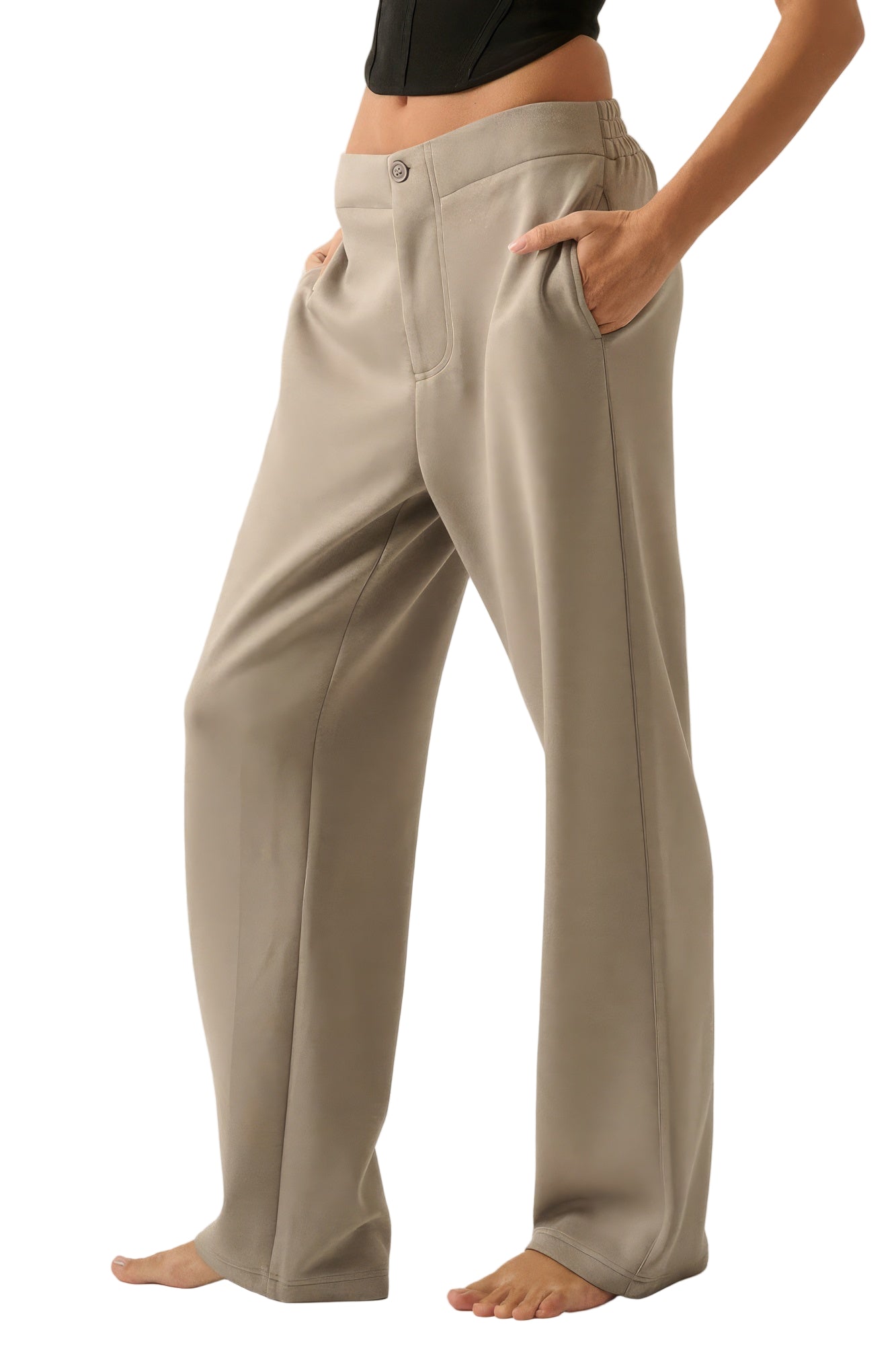 VacationGrabs high waist button pants for women in beige with relaxed fit and side pockets