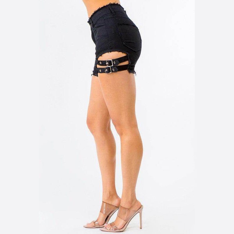 American Bazi high waist cut out shorts featuring stylish strap details and frayed hem for a chic look
