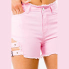American Bazi women's high waist cut out shorts in pink with distressed hem and side detailing