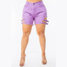 American Bazi high waist cut out shorts in lavender with stylish side straps and frayed hem