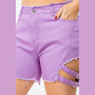 Stylish high waist cut out shorts in lavender by American Bazi with trendy side straps