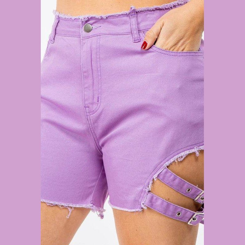 Stylish high waist cut out shorts in lavender by American Bazi with trendy side straps