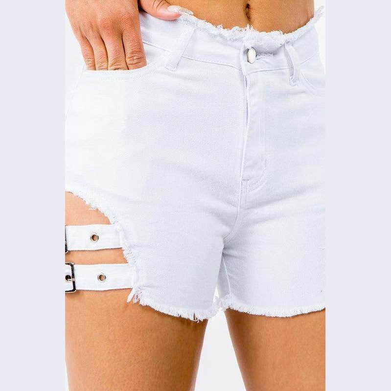 American Bazi women's high waist cut out shorts featuring frayed hem and stylish side straps