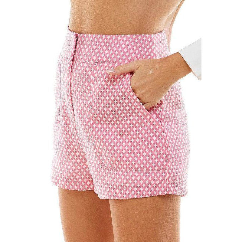 Women's high waist pattern shorts in pink with stylish design and side pockets for a trendy look