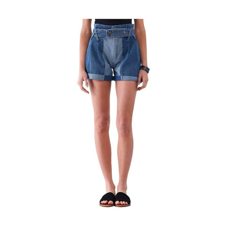 Tasha Apparel high waisted mom shorts in light blue denim with a relaxed fit and rolled hem