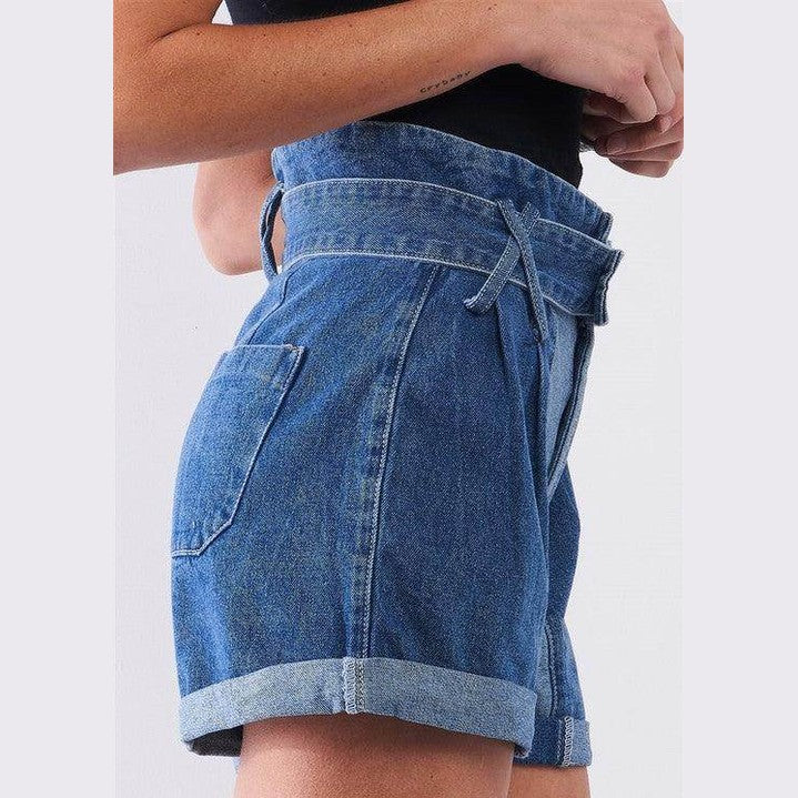 Tasha Apparel high waisted mom shorts in light denim with rolled hems and a tie waist detail