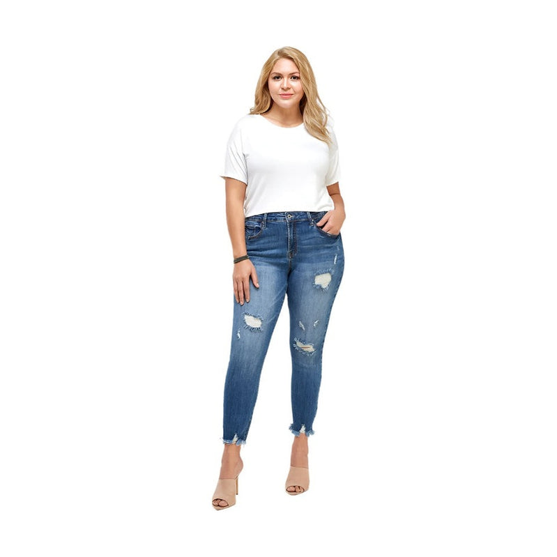 Insane Gene high waisted plus size distressed denim jeans in blue with ripped details for a trendy look