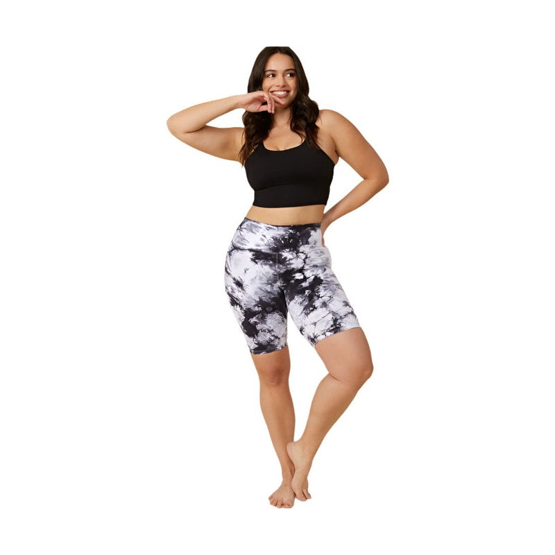 ALAMAE Apparel high waisted tie dye biker shorts in black and white worn with a black crop top