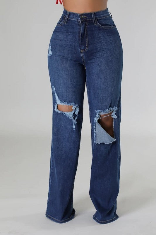 GJG Denim high waisted wide leg denim jeans with distressed details and a trendy fit