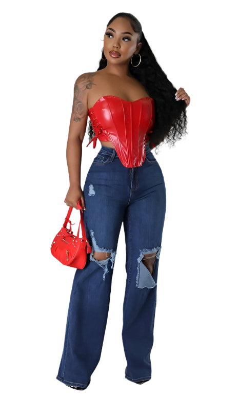 GJG Denim Women's High Waisted Wide Leg Denim Jeans with Distressed Details for Trendy Outfit
