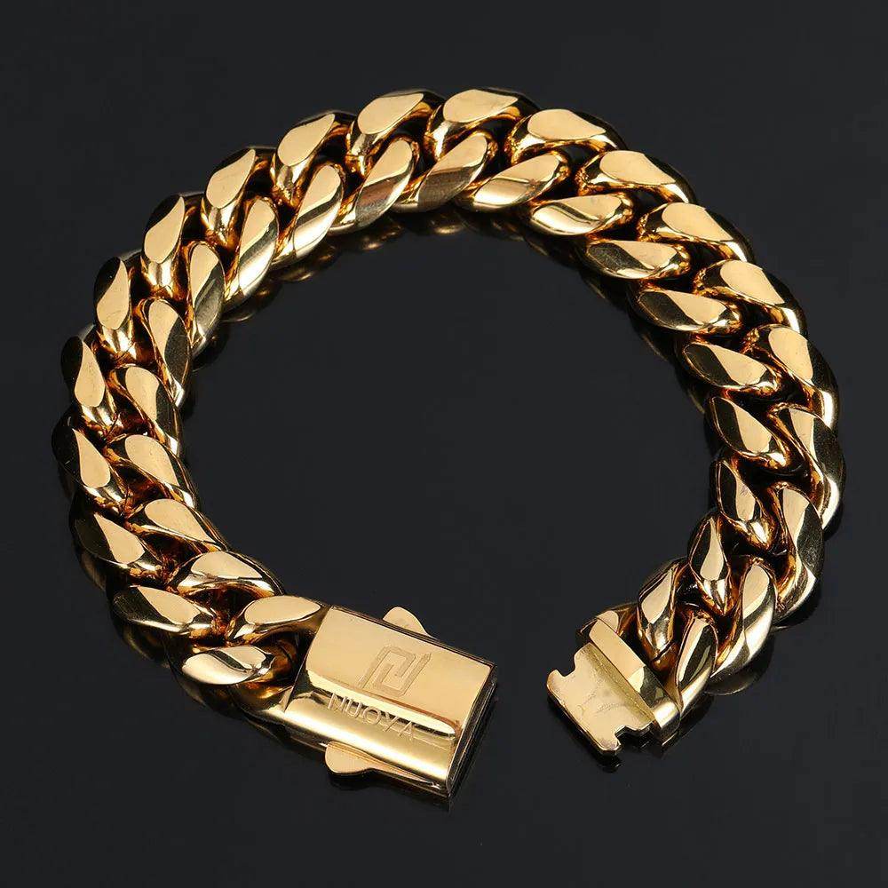 Stylish hip hop stainless steel bracelet for men in gold with a secure clasp design