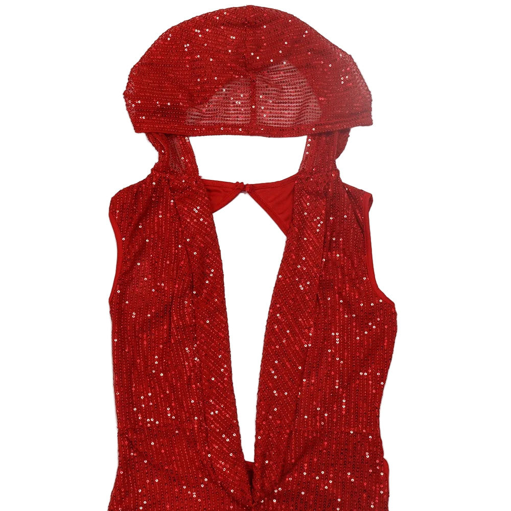 Red sequined hooded bodycon dress for women with sleeveless design and deep neckline