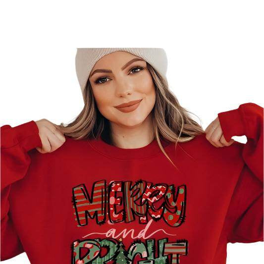 Color Bear holiday themed sweatshirt in red with Merry and Bright graphic for festive outfits