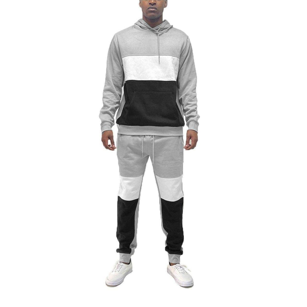 Men's hoodie sweatpants combo in grey and black with a stylish two-tone design by VacationGrabs