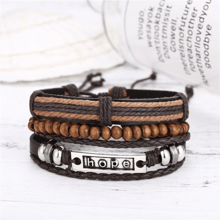Hope bracelet set for men featuring braided leather, wooden beads, and silver accents for a stylish look