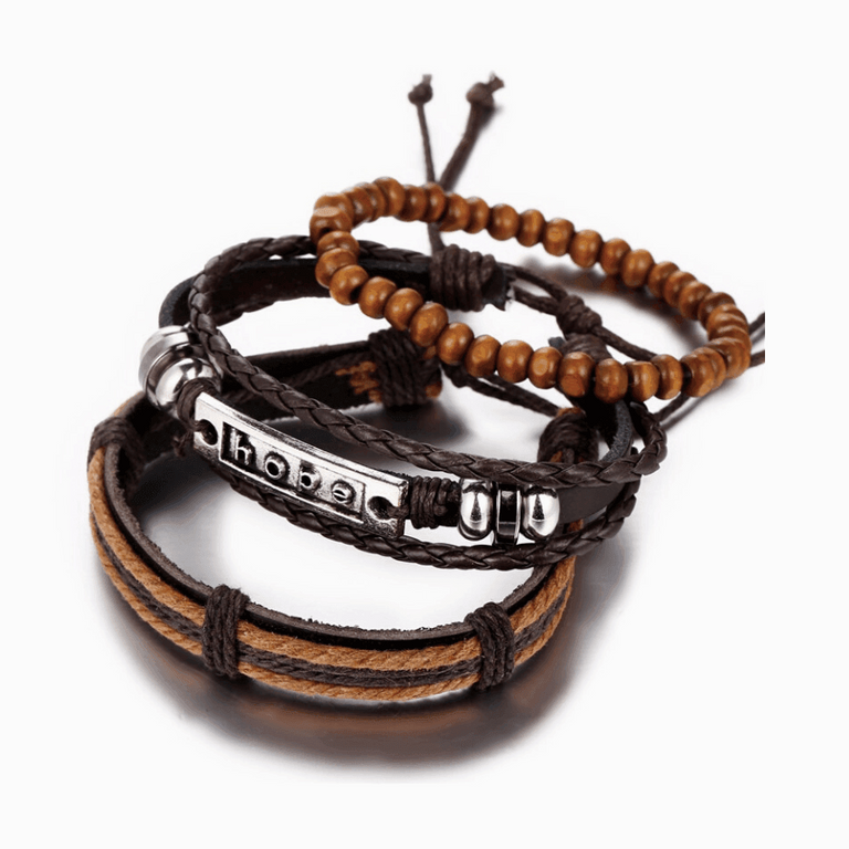 Stylish hope bracelet set for men featuring leather and wooden beads for a trendy look