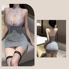 VacationGrabs hot bodycon mini dress for women in silver with lace halter neckline and fishnet stockings