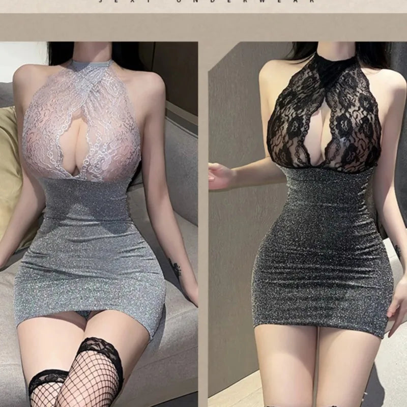 Two hot bodycon mini dress for women in glittery silver fabric with lace halter neck in pink and black colors