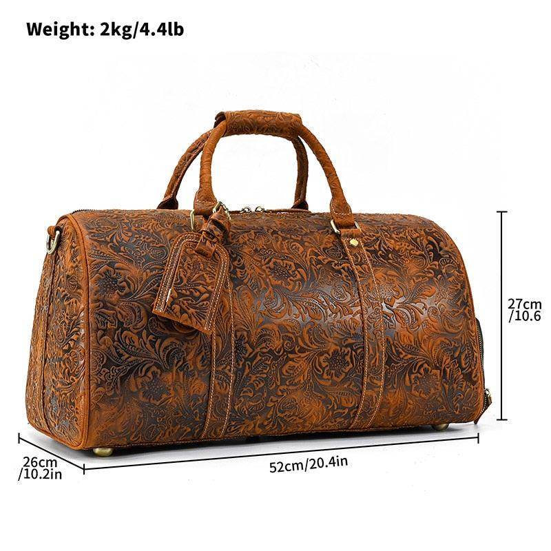 VacuumGrabs hot leather carry-on bag with intricate design, perfect for stylish travel