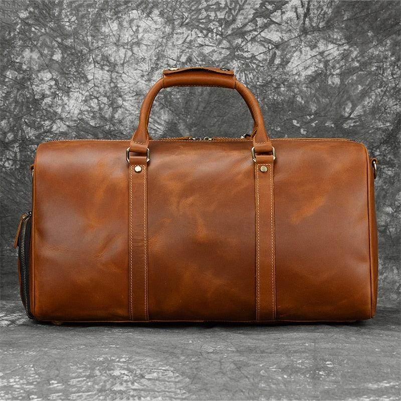 Hot leather carry-on bag in rich brown color with comfortable handles and spacious design