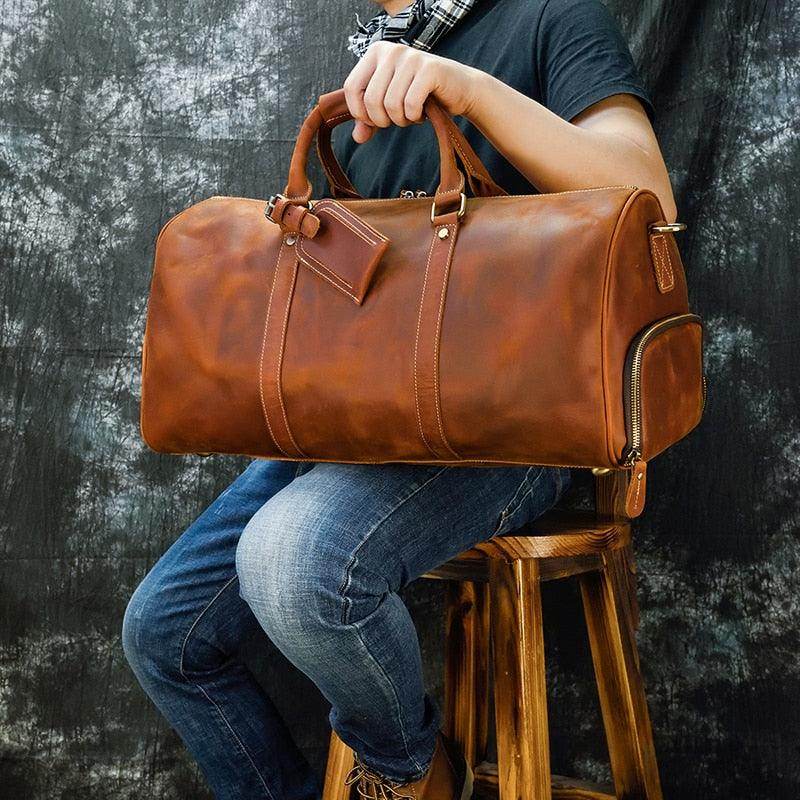 Hot Leather Travel Bag Vintage Leather Duffle Bag With - VacationGrabs