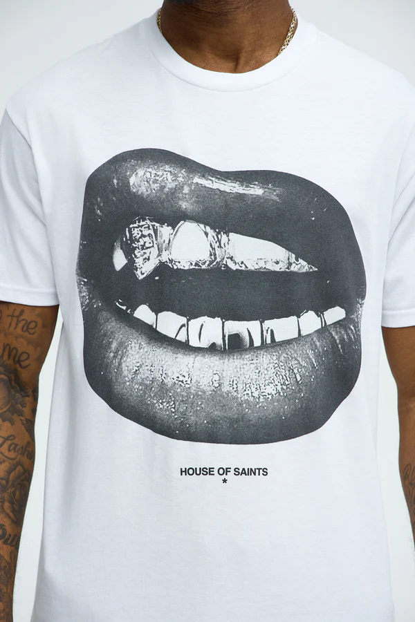 VacationGrabs trendy graphic tee for men featuring black and white lips with a cigarette design on a white shirt