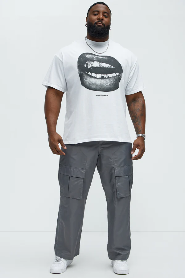 VacationGrabs trendy graphic tee for men white shirt with black lips print and gray cargo pants