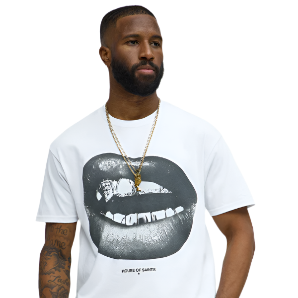 Men's white trendy graphic tee for men with bold lip print and House of Saints logo
