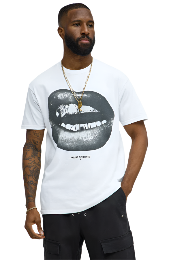 Men's white trendy graphic tee for men with bold lip print and House of Saints logo
