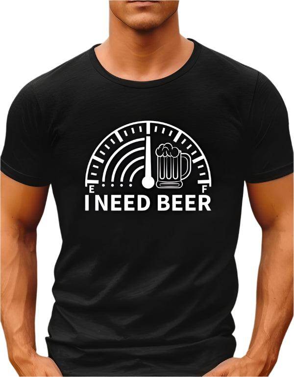 Men's black Ocean and 7th I Need Beer graphic tee with a fun beer gauge design