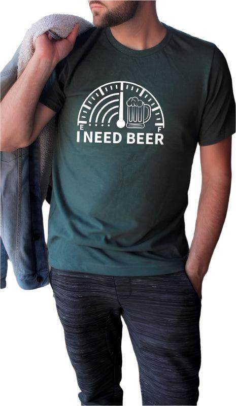 Ocean and 7th I Need Beer graphic tee in dark green with a fun beer graphic design