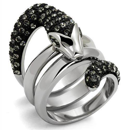 Stunning ion plated black animal ring featuring a detailed snake design with sparkling stones