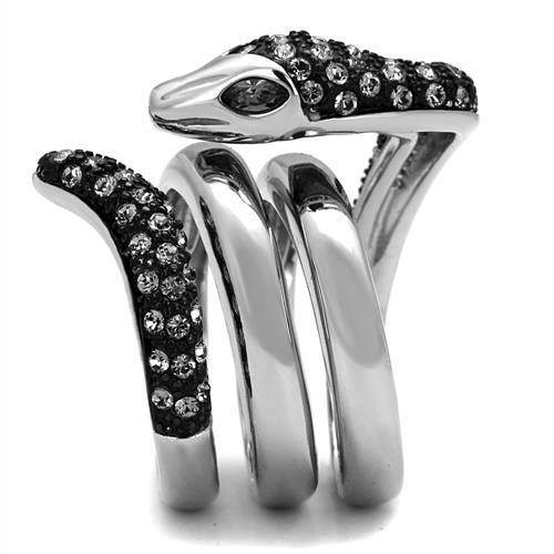 Stylish ion plated black animal ring featuring a snake design with sparkling crystals