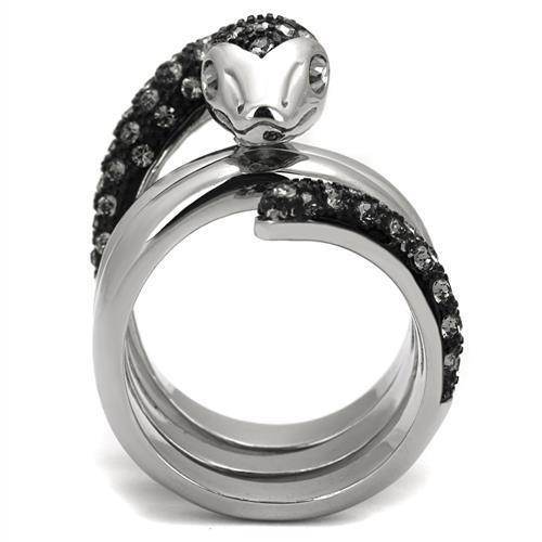 Stylish ion plated black animal ring featuring a unique snake design adorned with black crystals