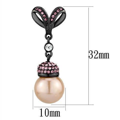 IP gun metal fashion earrings featuring a pink crystal accent and a pearl drop design