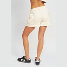 Ivory cargo shorts for women with a comfortable elastic waistband and side pockets