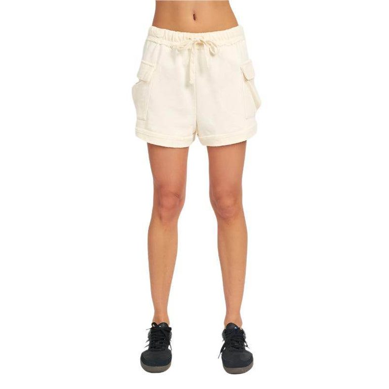 Ivory cargo shorts for women with drawstring waist and side pockets from Emory Park