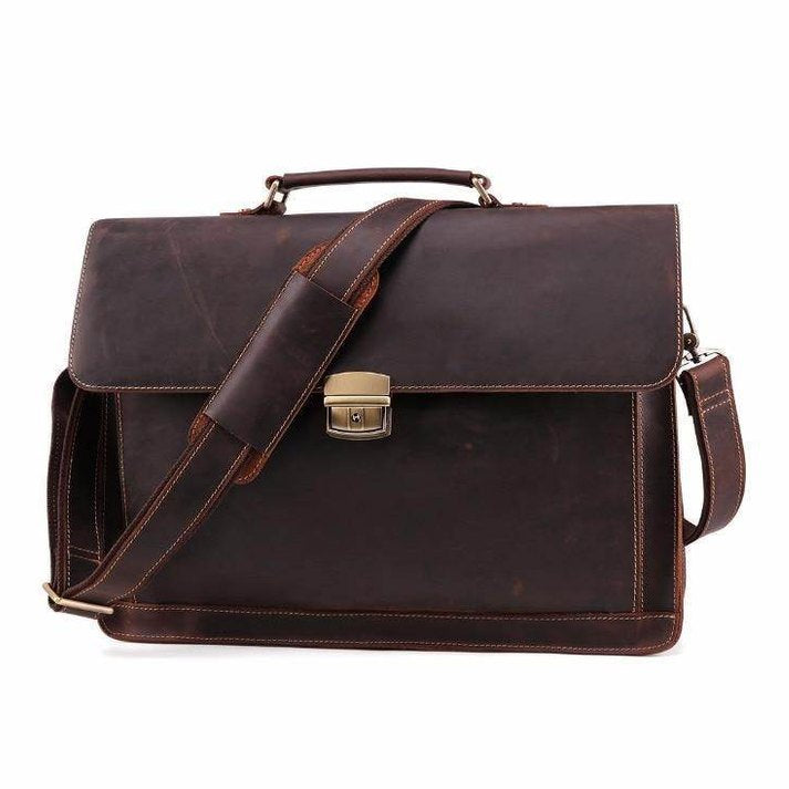 Vintage leather mens briefcase with a durable design and adjustable shoulder strap for professional use