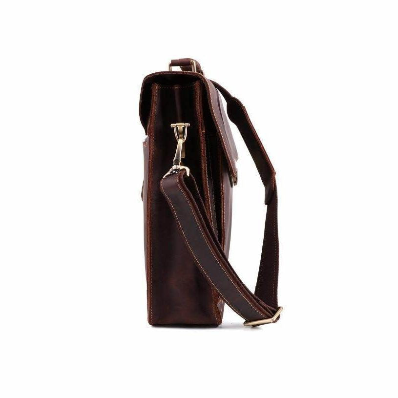 Side view of vintage leather mens briefcase with adjustable strap and durable design for professional use