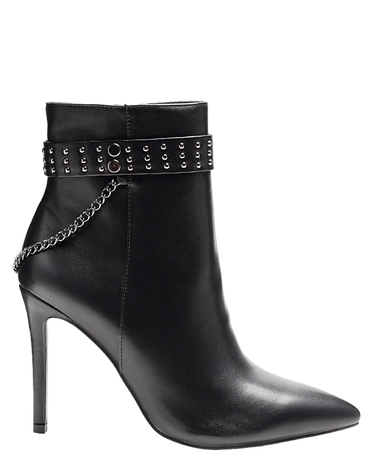 Black high-heeled ankle boot with studded chain detail on a white background
