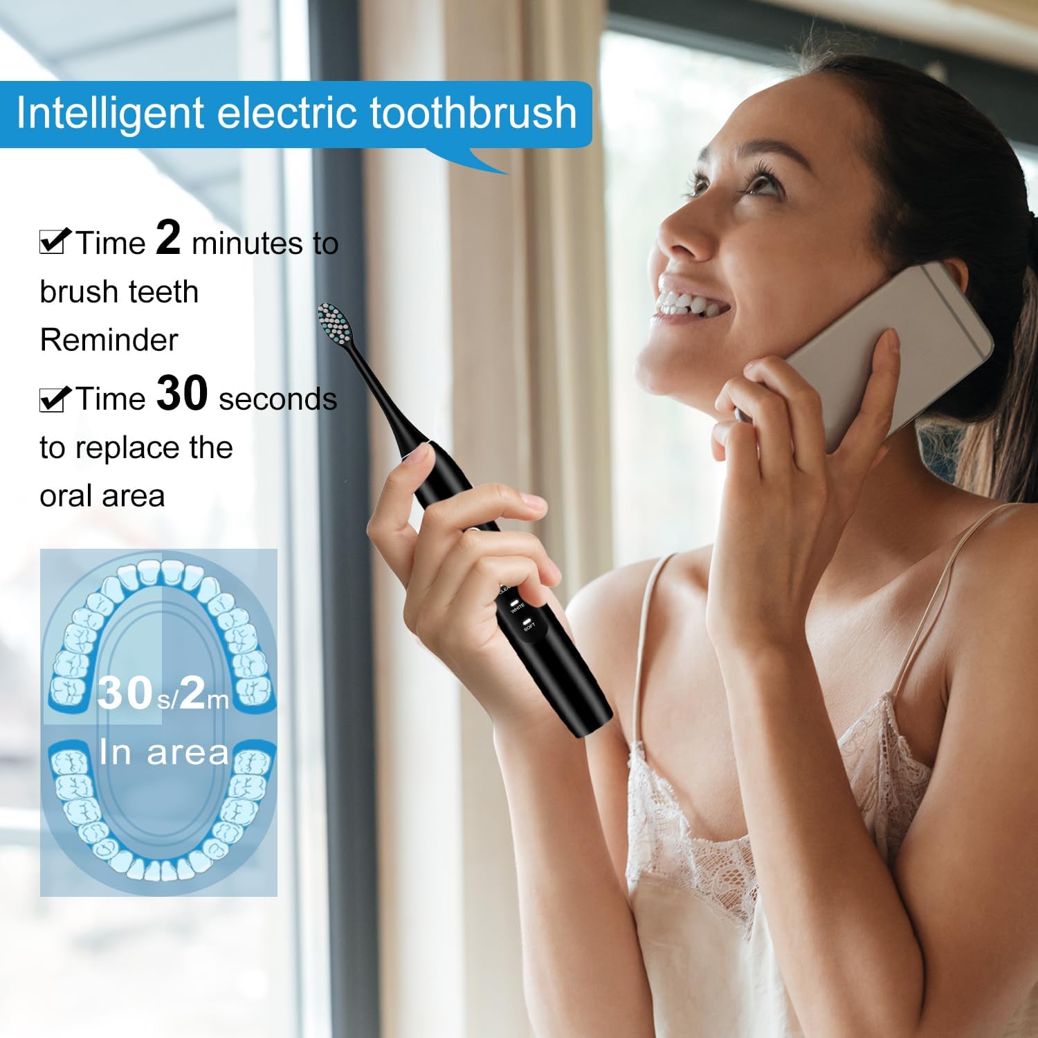 Woman using the best electric toothbrush for travel with intelligent 2-minute brushing timer